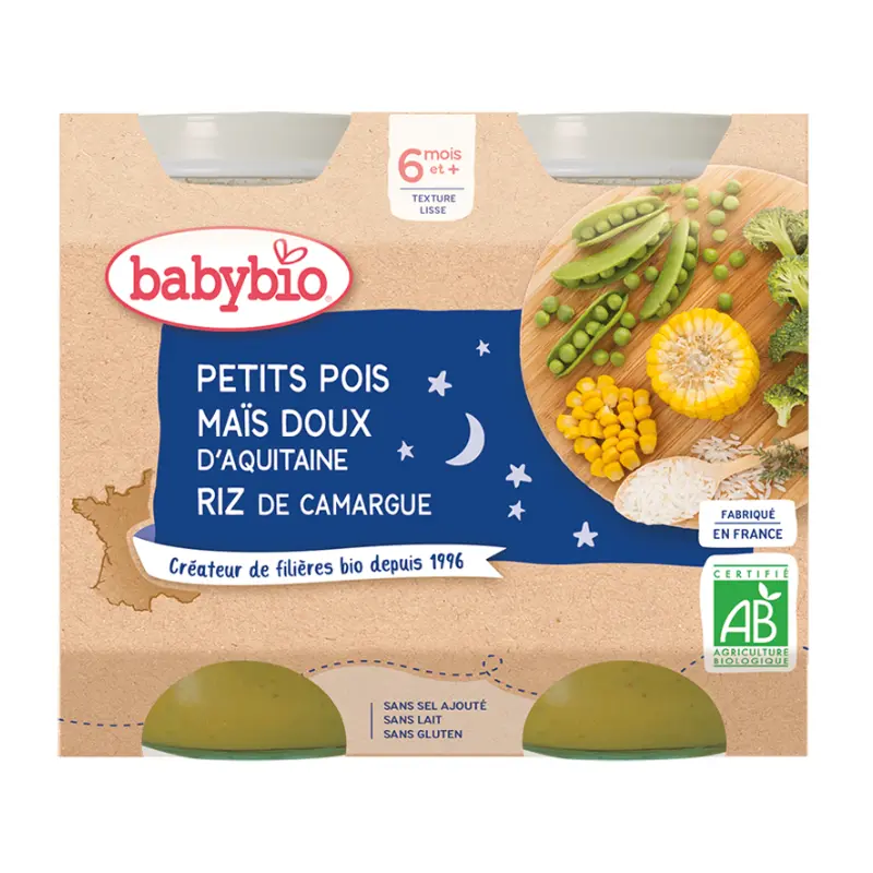 PETITS POIS MAÏS DOUX D'AQUITAINE RIZ DE CAMARGUE - babybio