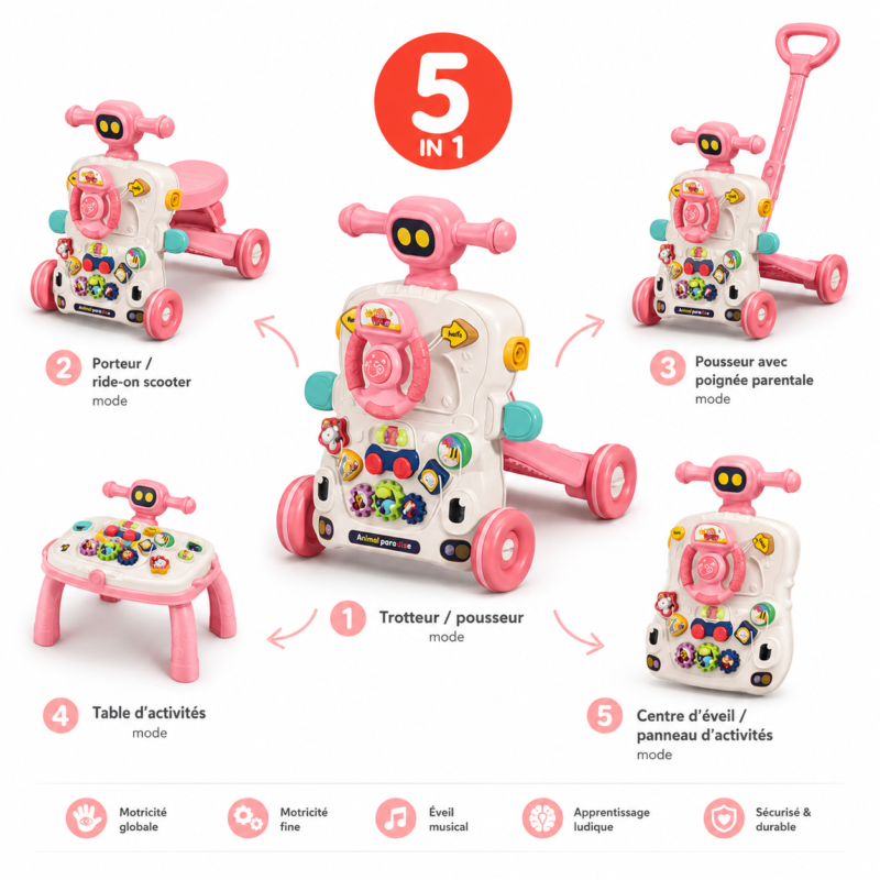 Trotteur Multifonction 5 en 1 pour Bébé Rose Huanger