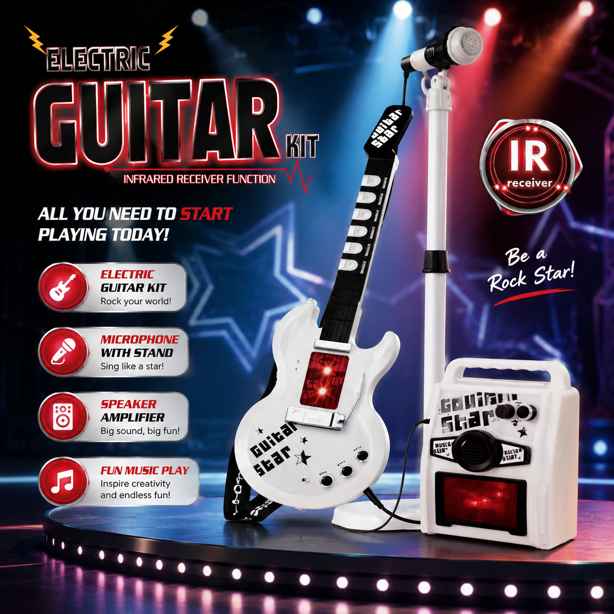 Guitare Électrique Enfant Musical Star avec Micro et Haut-Parleur